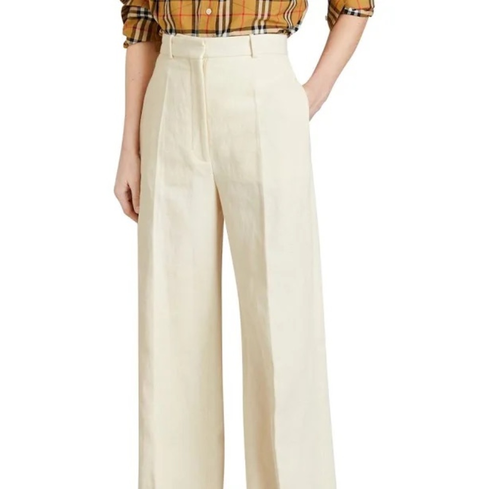 Burberry Cream Linen Canvas Wide Leg Stonewood Trousers
